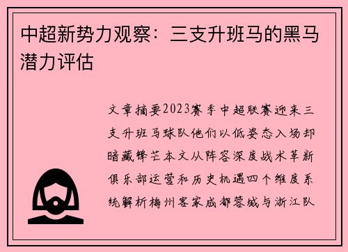 中超新势力观察：三支升班马的黑马潜力评估