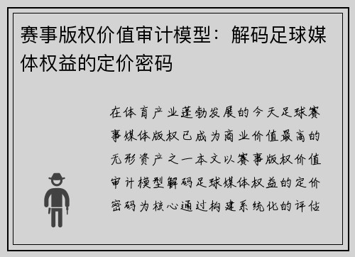 赛事版权价值审计模型：解码足球媒体权益的定价密码